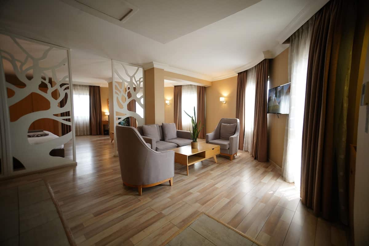 Una sala moderna con sofá, sillón y mesa de centro. Hay un televisor montado en la pared y un biombo decorativo al fondo.