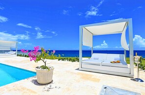 A poolside area with a white canopy bed, a pool, and a potted plant with pink flowers. - Ocean Front Villa Deluxe 3 Bedroom (Sosúa)
