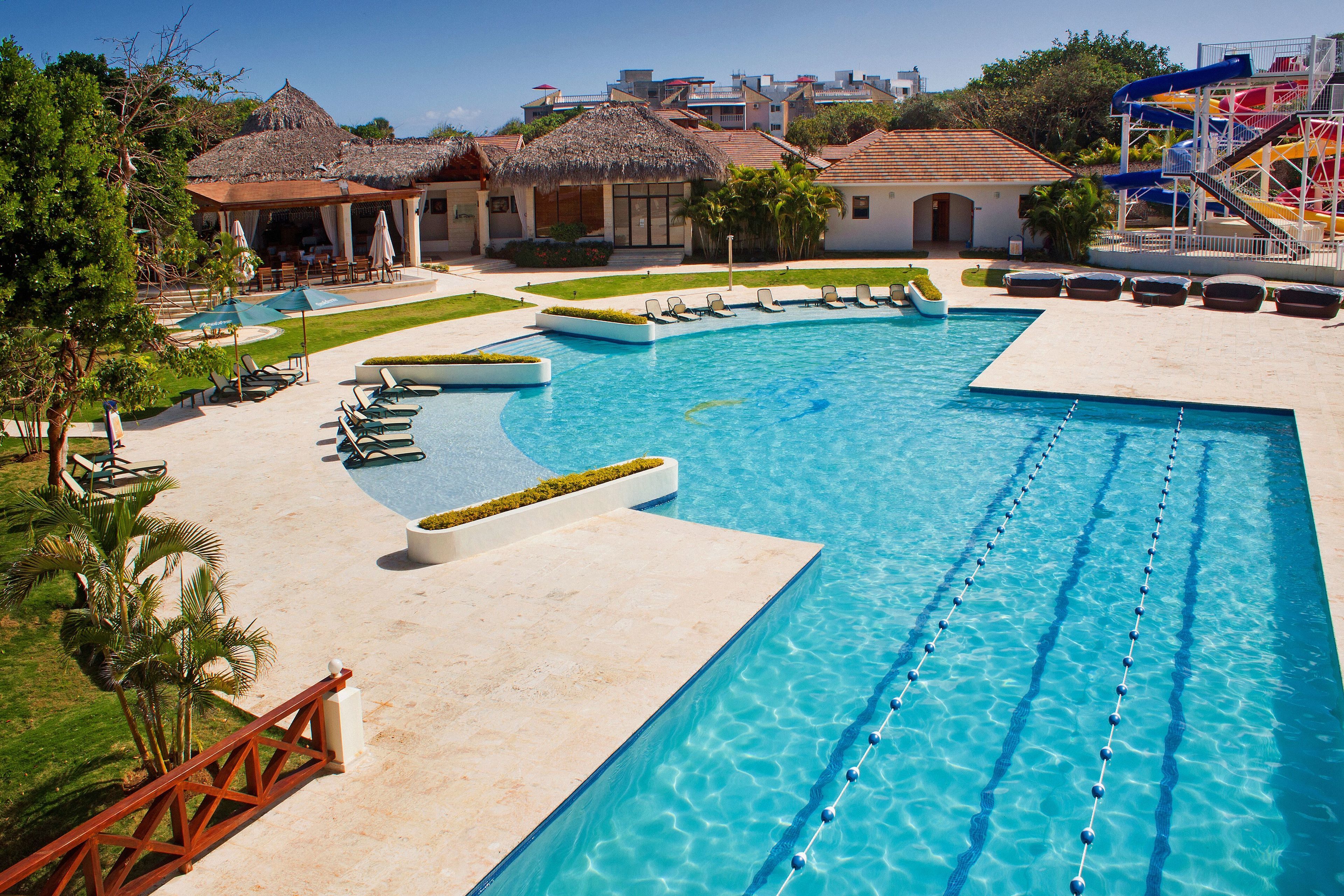 Outdoor pool, pool umbrellas, pool loungers