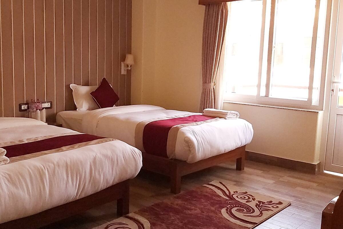 Habitación de hotel con dos camas, cabecera de madera, ventana con cortinas, mesita de noche con lámpara y una alfombra decorativa.