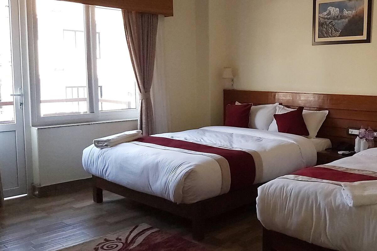 Habitación de hotel con dos camas, cabecera de madera, ventana con cortinas, un cuadro en la pared y un tapete a rayas rojas y blancas.