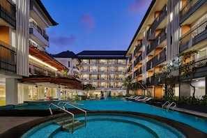 Outdoor pool, pool umbrellas, pool loungers
