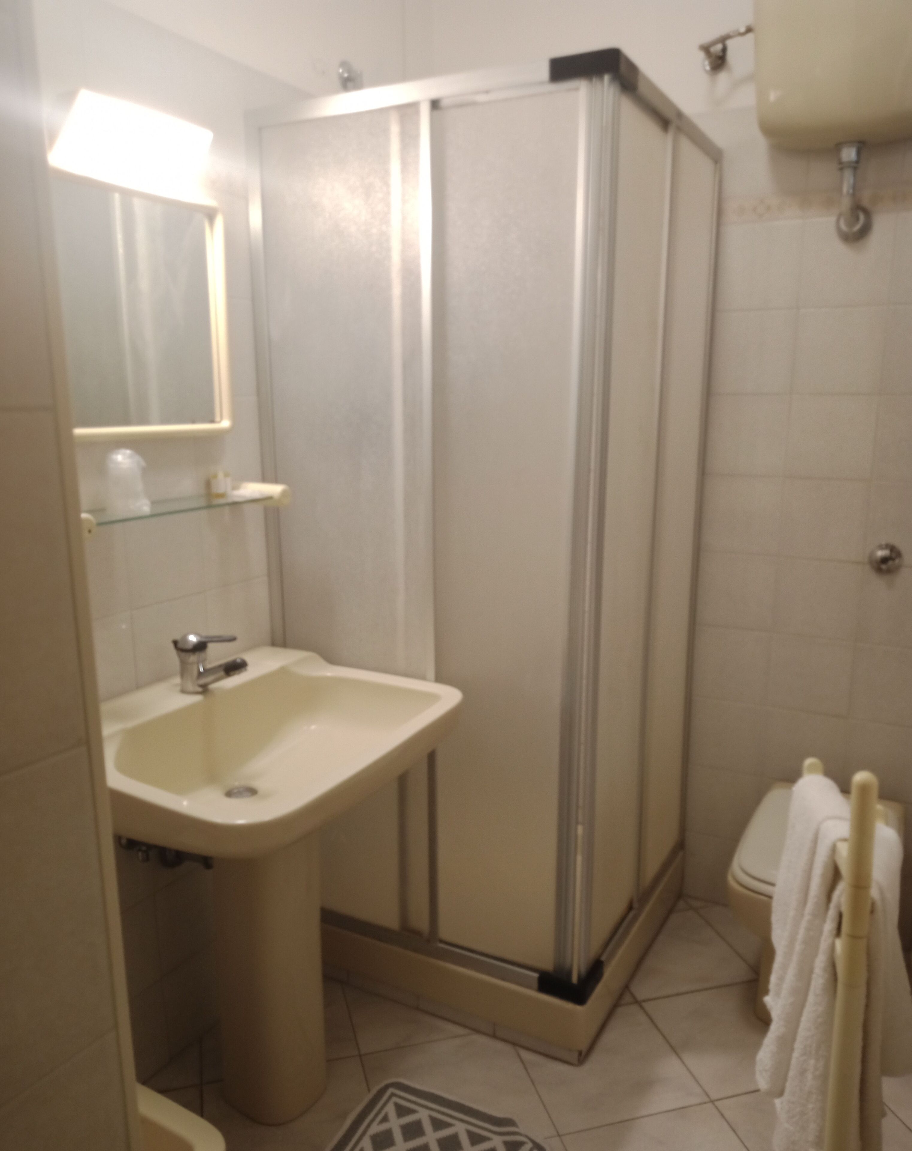 Un baño con lavamanos, espejo, cabina de ducha, inodoro y toallero.