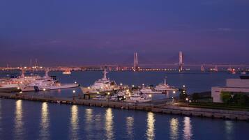 A marina with several boats docked, a bridge in the background, and a clear sky.