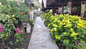 A narrow concrete pathway flanked by lush green foliage and vibrant flowers, leading to a traditional wooden structure with a tiled roof. - Trawangan Cottages (Gili Trawangan)