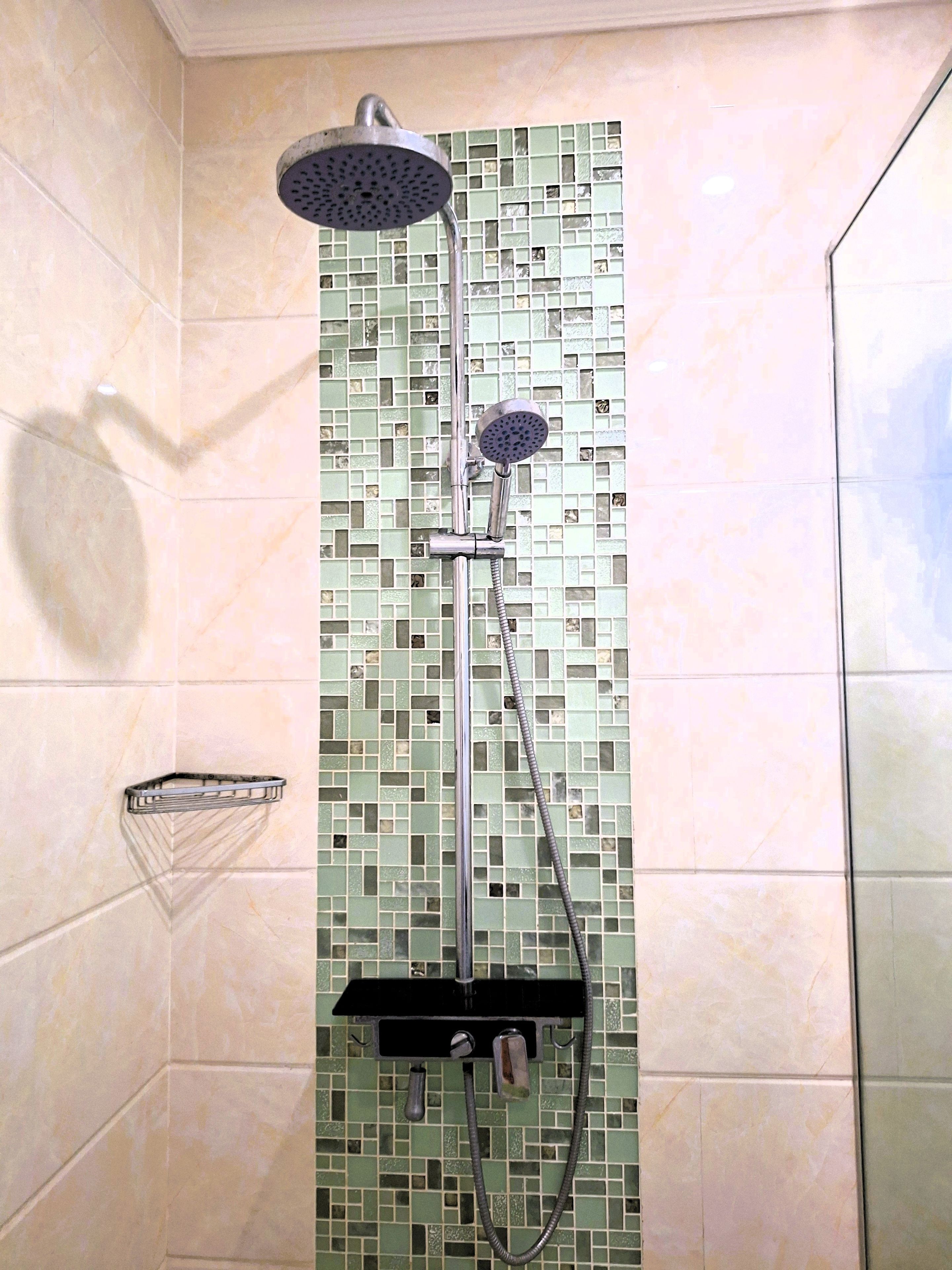 A shower with a rain showerhead and handheld showerhead, a soap dish, and a tiled wall with a mosaic pattern.