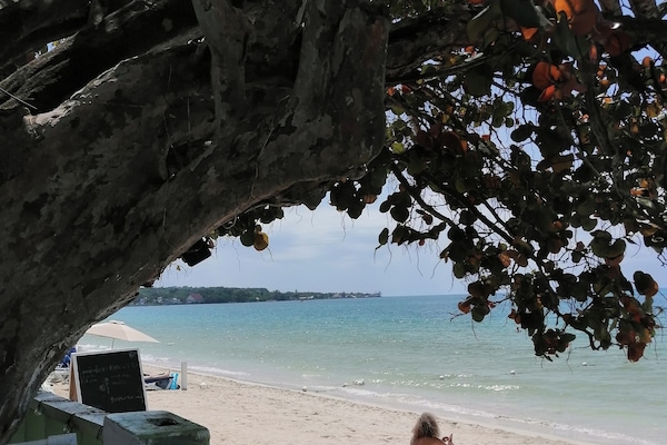 Private beach nearby, white sand, sun loungers, beach yoga