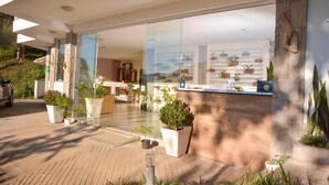 Entrada d'un hotel modern amb façana de vidre, plantes en testos i una recepció.