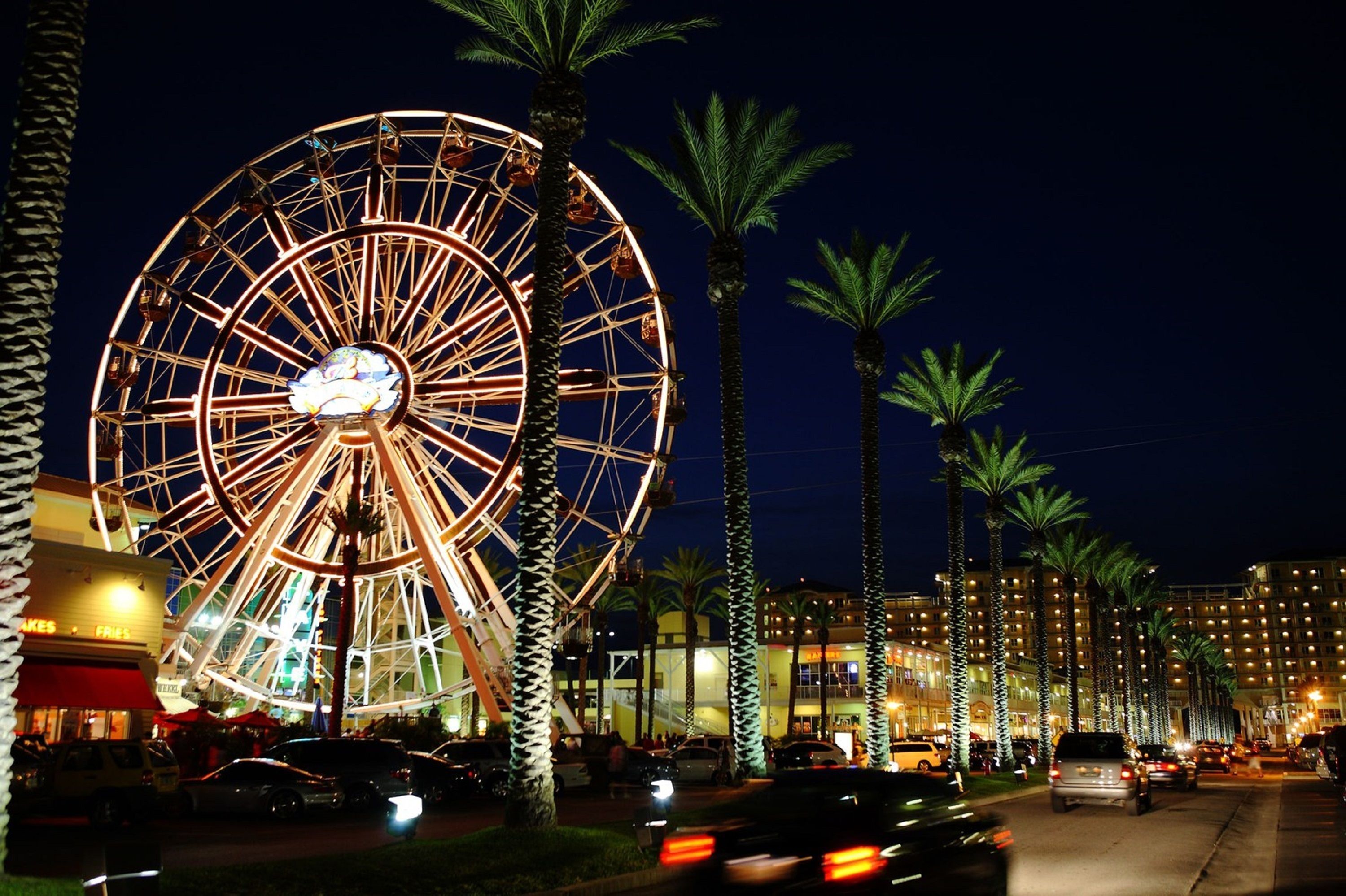 A large Ferris wheel at night with palm trees and a building in the background.
