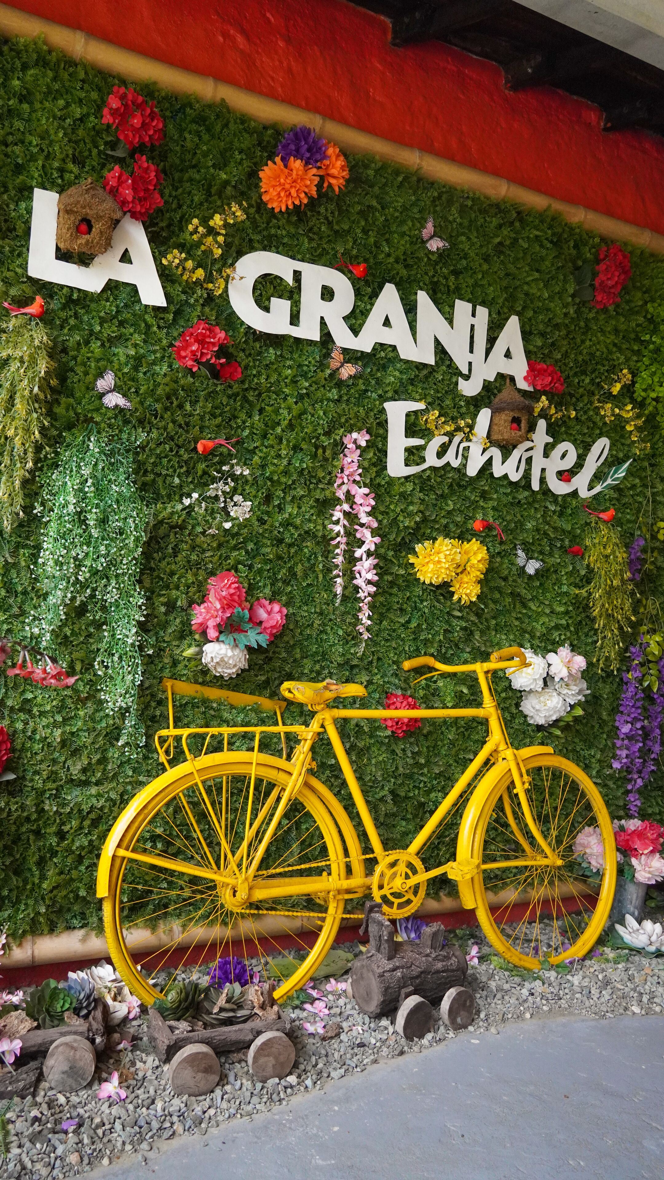 Fachada de hotel vibrante con un muro verde, flores decorativas y una bicicleta amarilla.