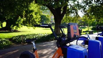 A stationary electric bike with a charging station and a blue box labeled "VISA" in a park.