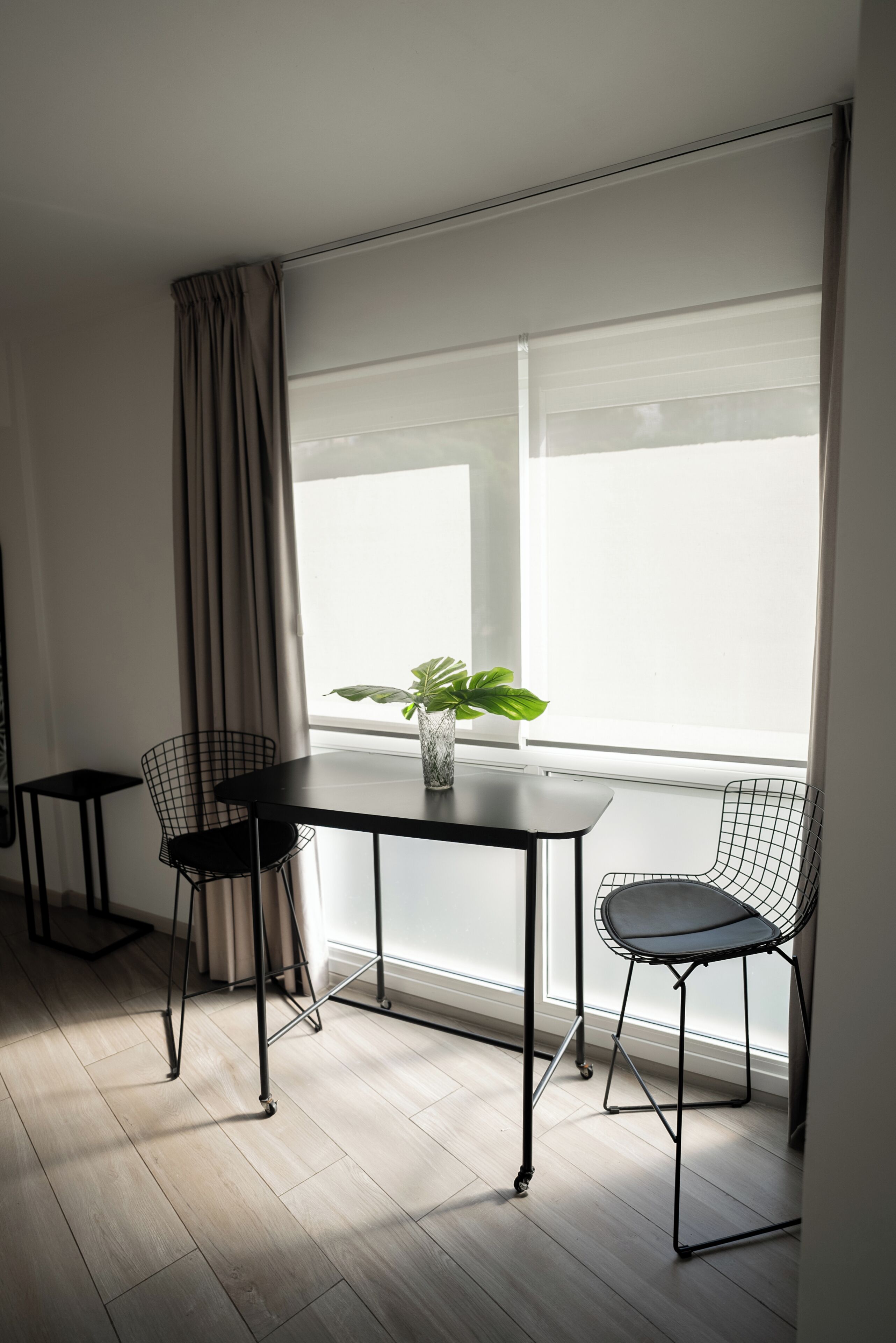 Una habitación pequeña con una mesa, dos sillas, una planta en maceta y una ventana con cortinas.