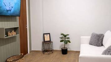 A living room with a white sofa, a flat-screen TV mounted on a wall, a potted plant, a framed certificate, and a woven basket.
