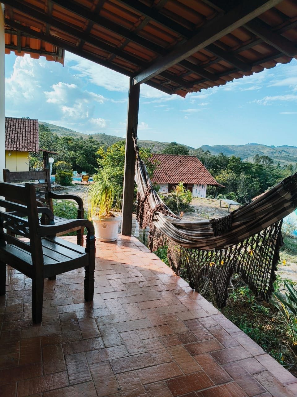 A covered outdoor area with a hammock, a bench, and a potted plant.