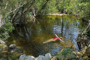 Una persona nadando en una masa de agua natural rodeada de rocas y vegetación.