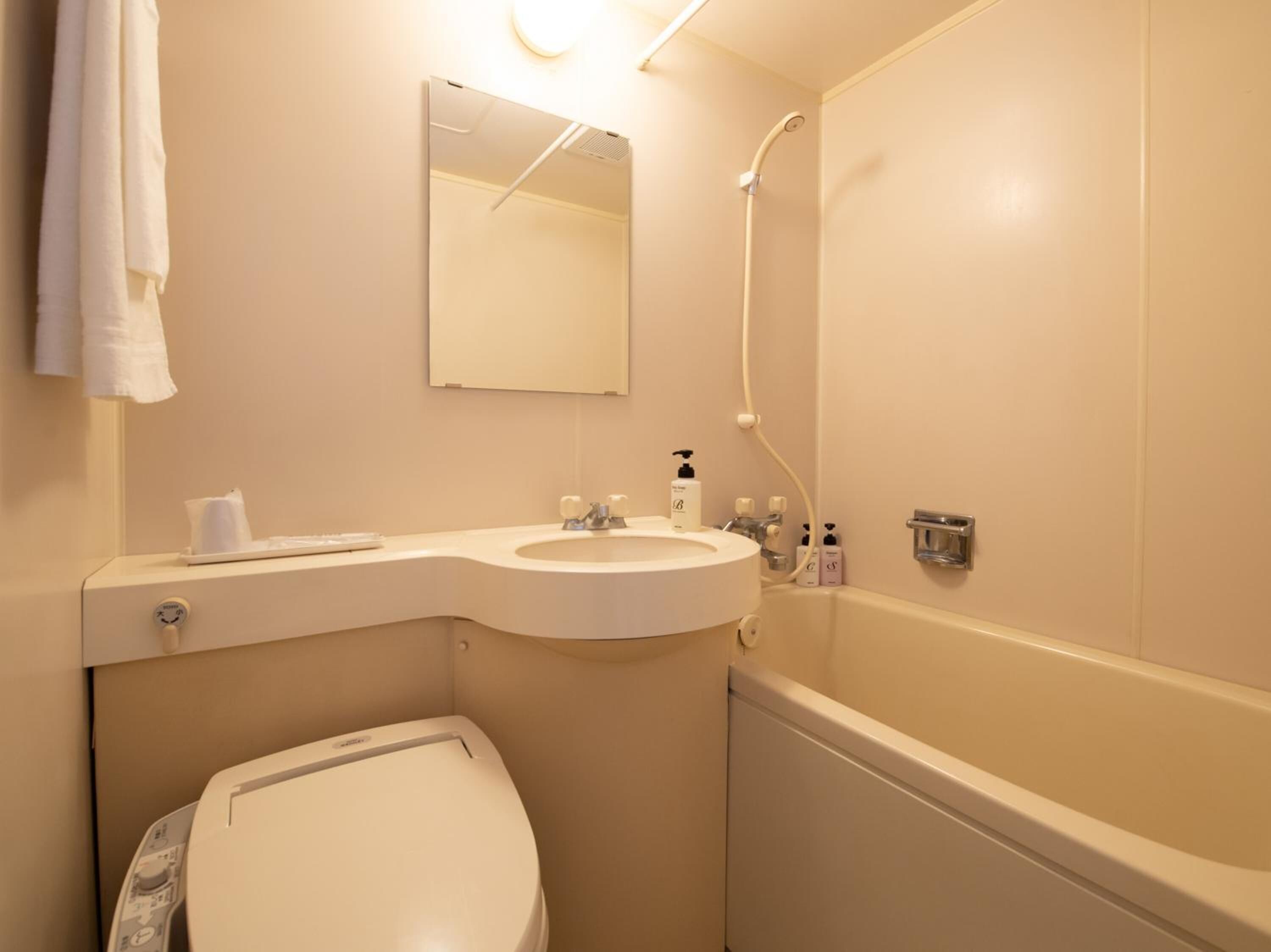 combined shower/bathtub, deep-soaking bathtub, free toiletries