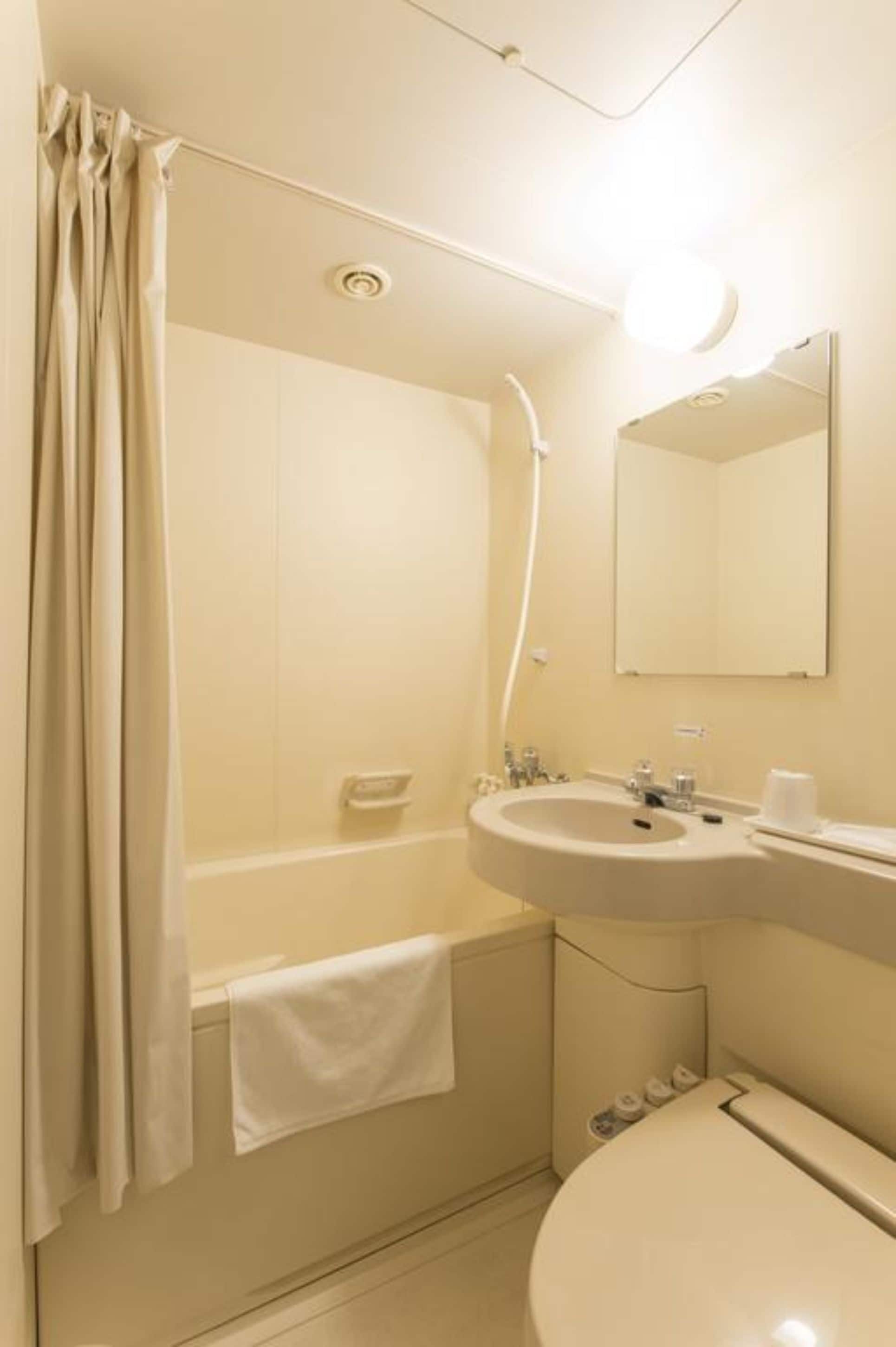 combined shower/bathtub, deep-soaking bathtub, free toiletries