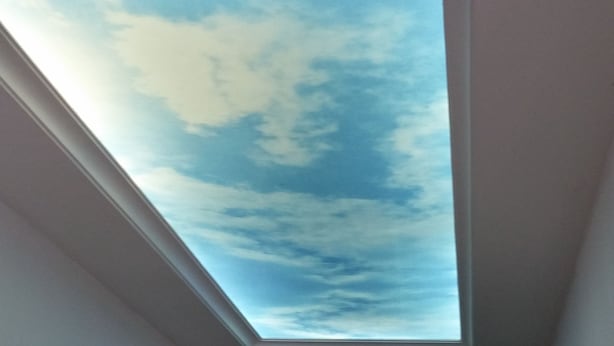 A room with a skylight ceiling, a dark door, and light-colored walls. - Couchbee at Perdana Exclusive Condominium (Petaling Jaya)
