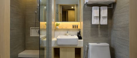 A modern bathroom with a glass shower enclosure, a sink with a mirror above, and a toilet.