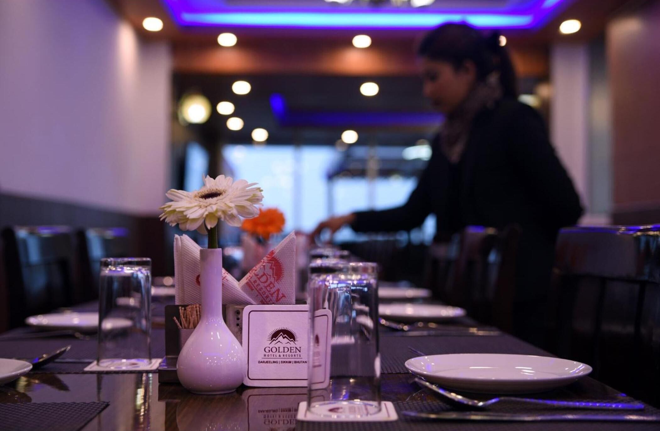 A dining table set with a vase of flowers, a menu, and a glass of water.