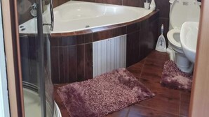 A modern bathroom with a glass shower enclosure, a freestanding bathtub, and a toilet. - Botle Ba Afrika Lodge (Vereeniging)