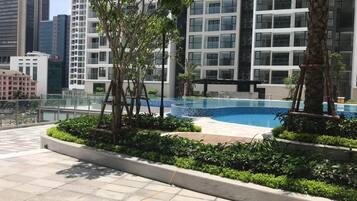 Indoor pool, seasonal outdoor pool, pool umbrellas, pool loungers