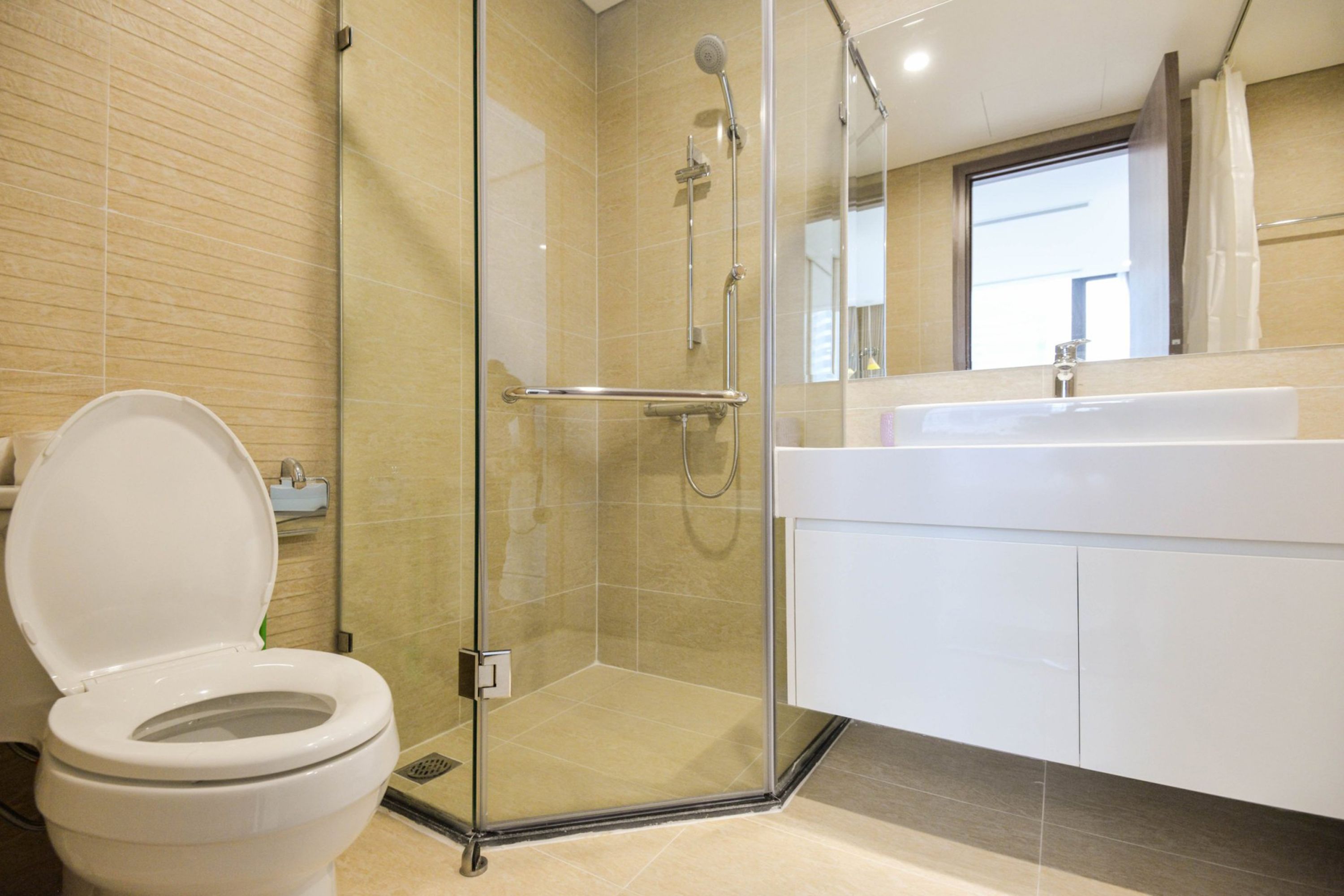 A modern bathroom with a glass-enclosed shower, a white toilet, and a large sink with a mirror above it.