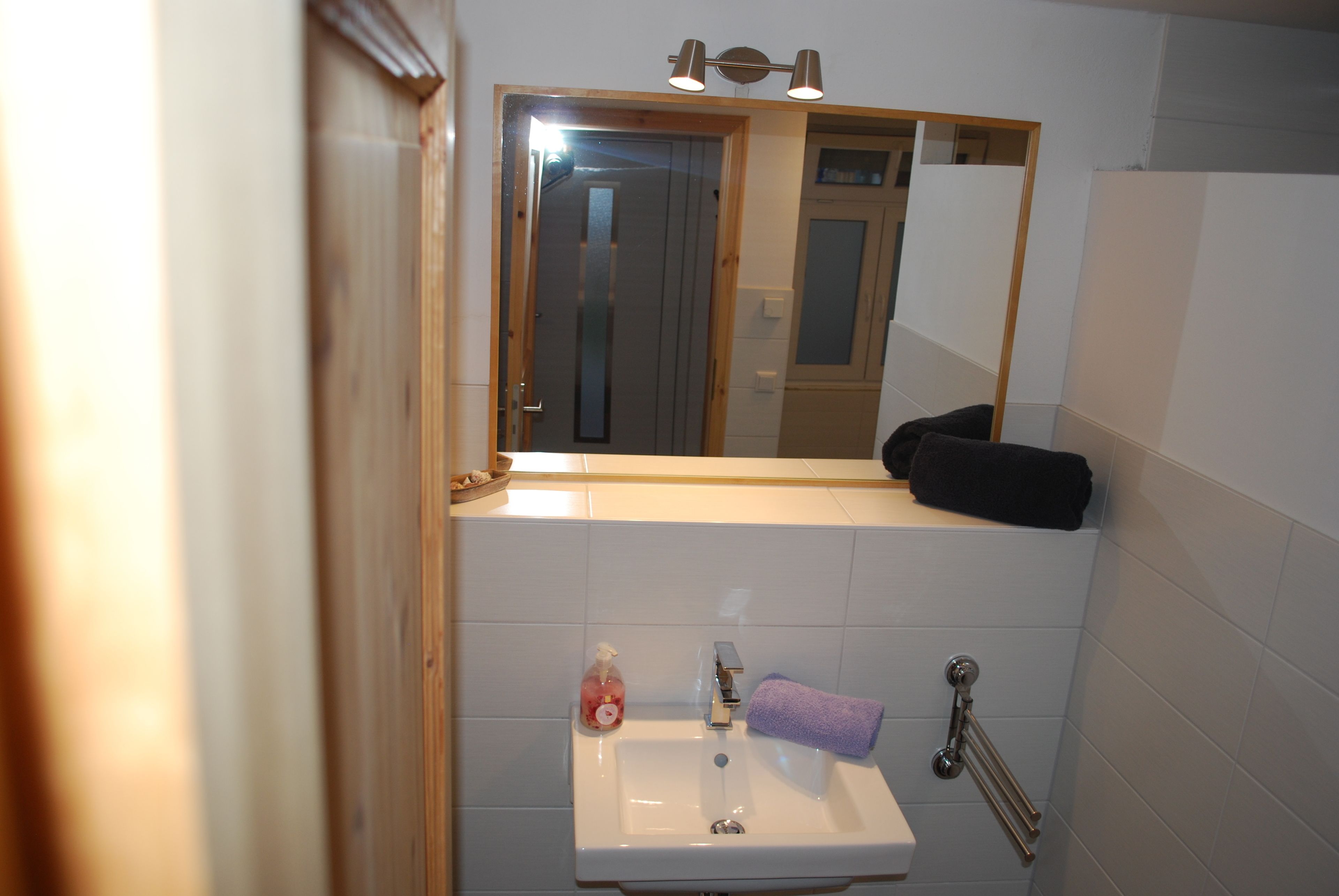 Un baño con lavamanos, espejo, toallero y una puerta.