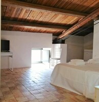 Una habitación con cama, escritorio y televisión.