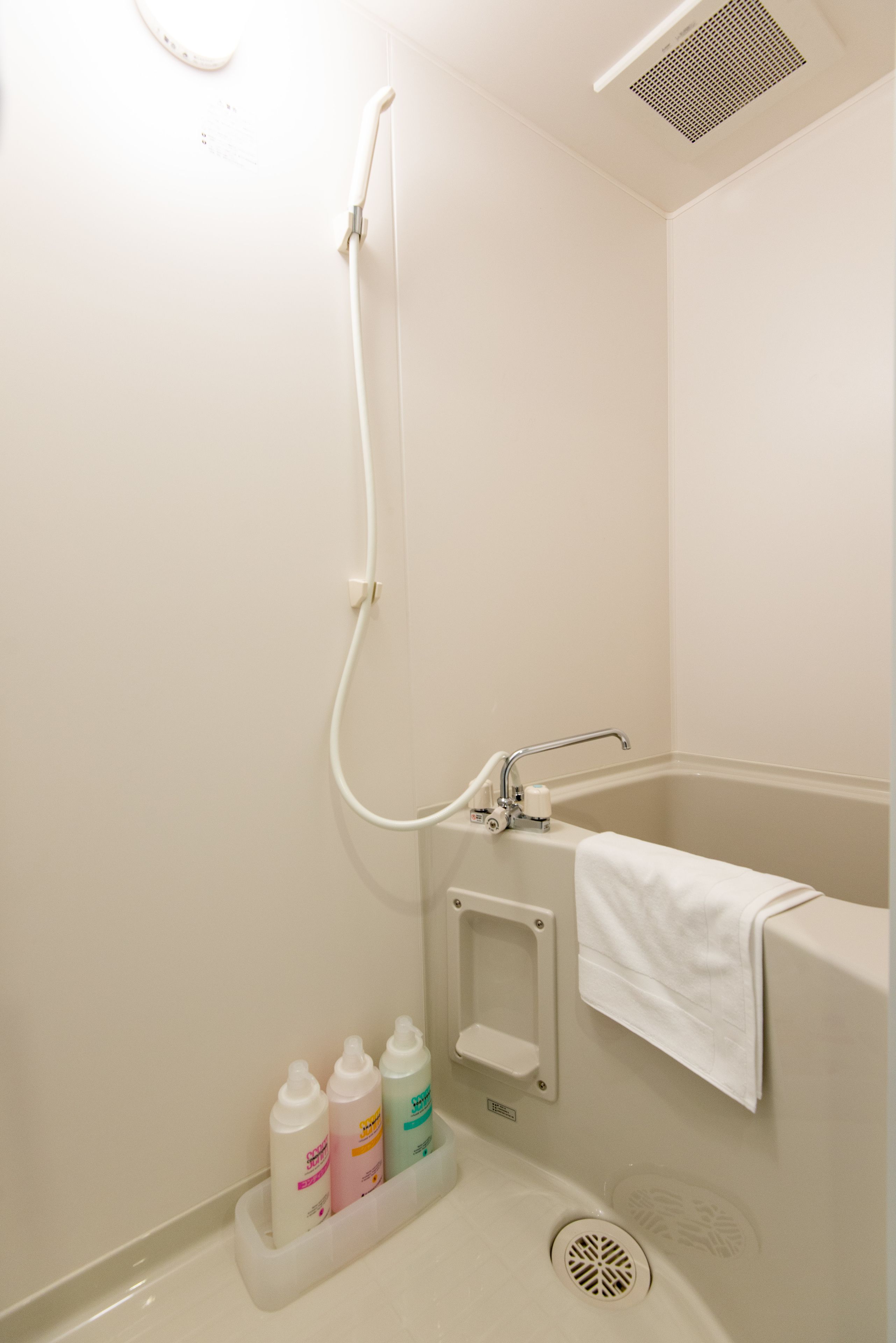 combined shower/bathtub, free toiletries, hair dryer, slippers