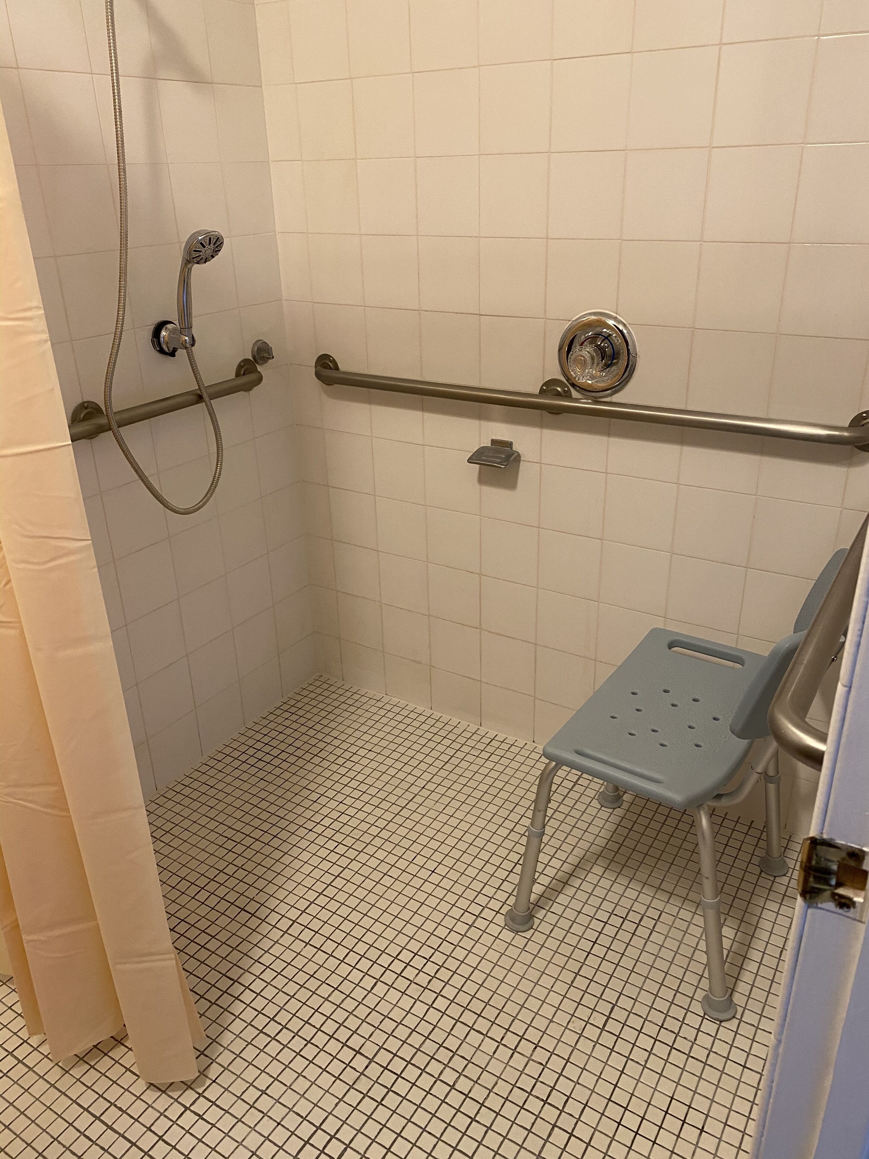 A bathroom with a shower, grab bar, and a small step stool.