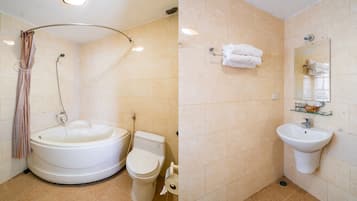 Shower, slippers, bidet, towels
