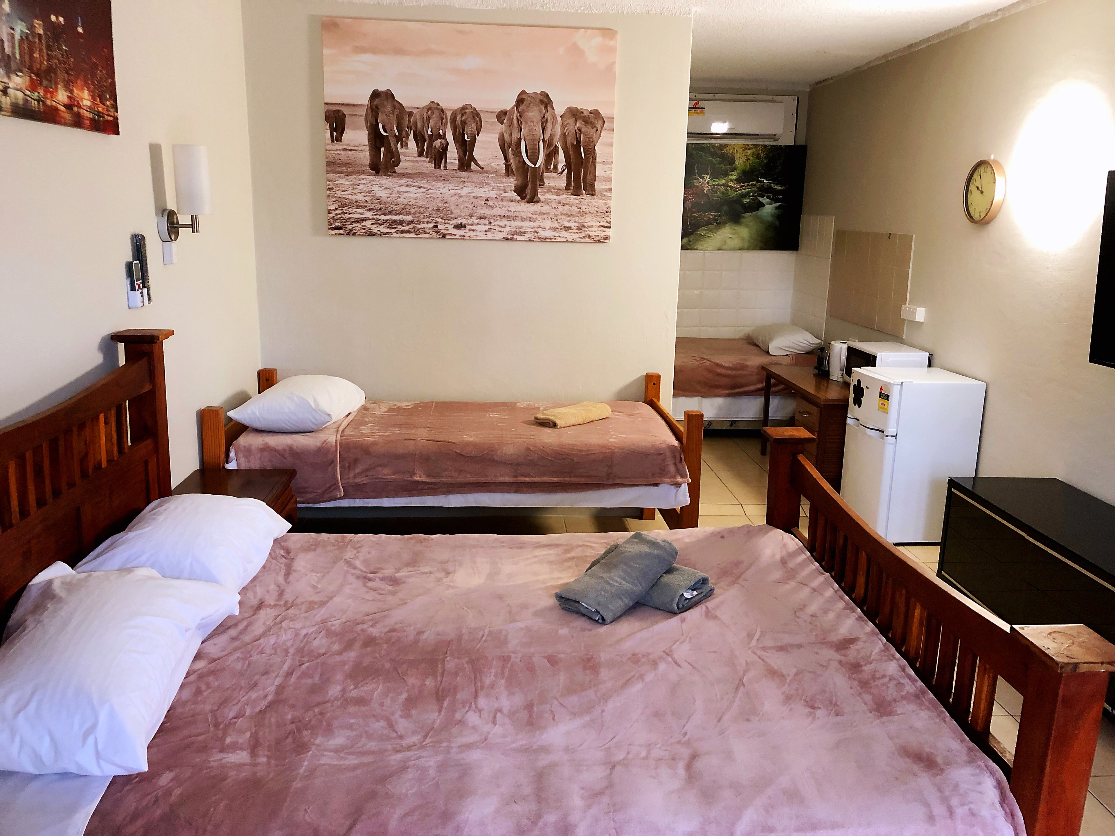 A hotel room with two beds, a small kitchenette, a TV, and a painting of elephants on the wall.