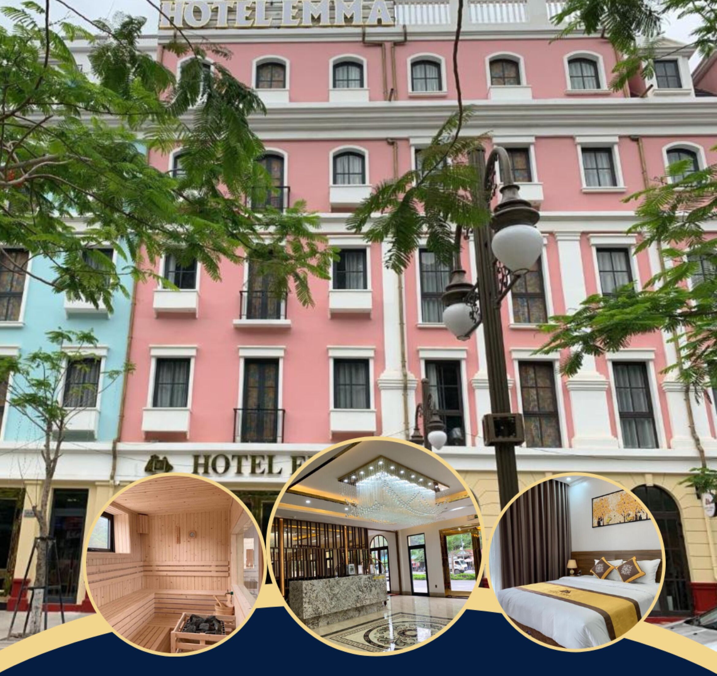 A pink and blue hotel facade with a sign reading "HOTEL EMMA".