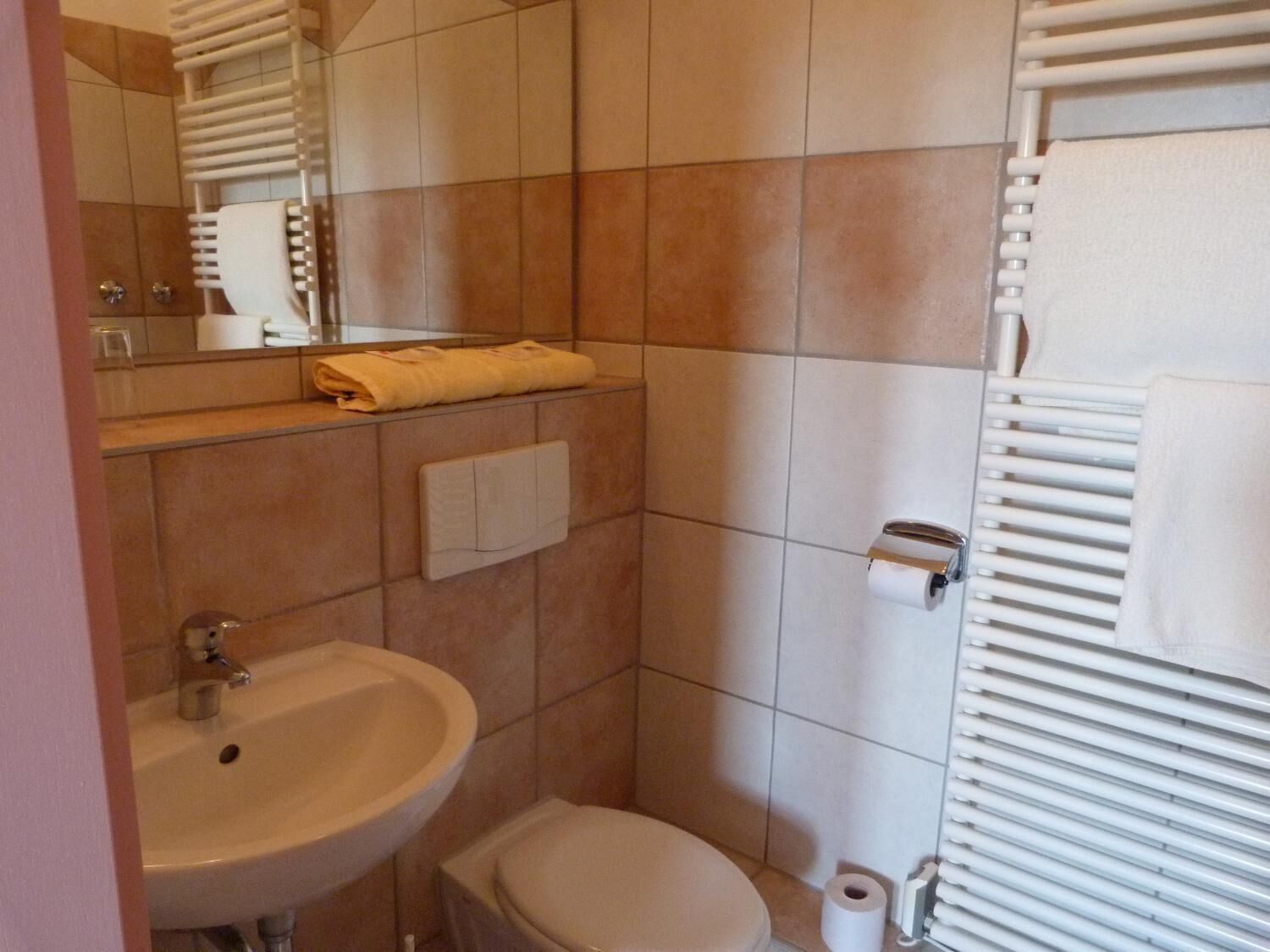 Un baño con lavamanos, inodoro y toallero.