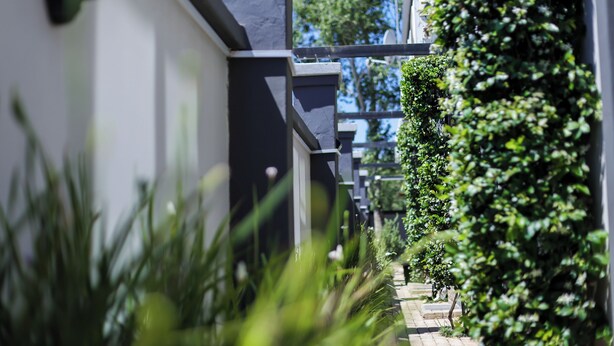 A narrow pathway flanked by lush greenery and a modern building facade. - Uitzicht Guest house (Kimberley)