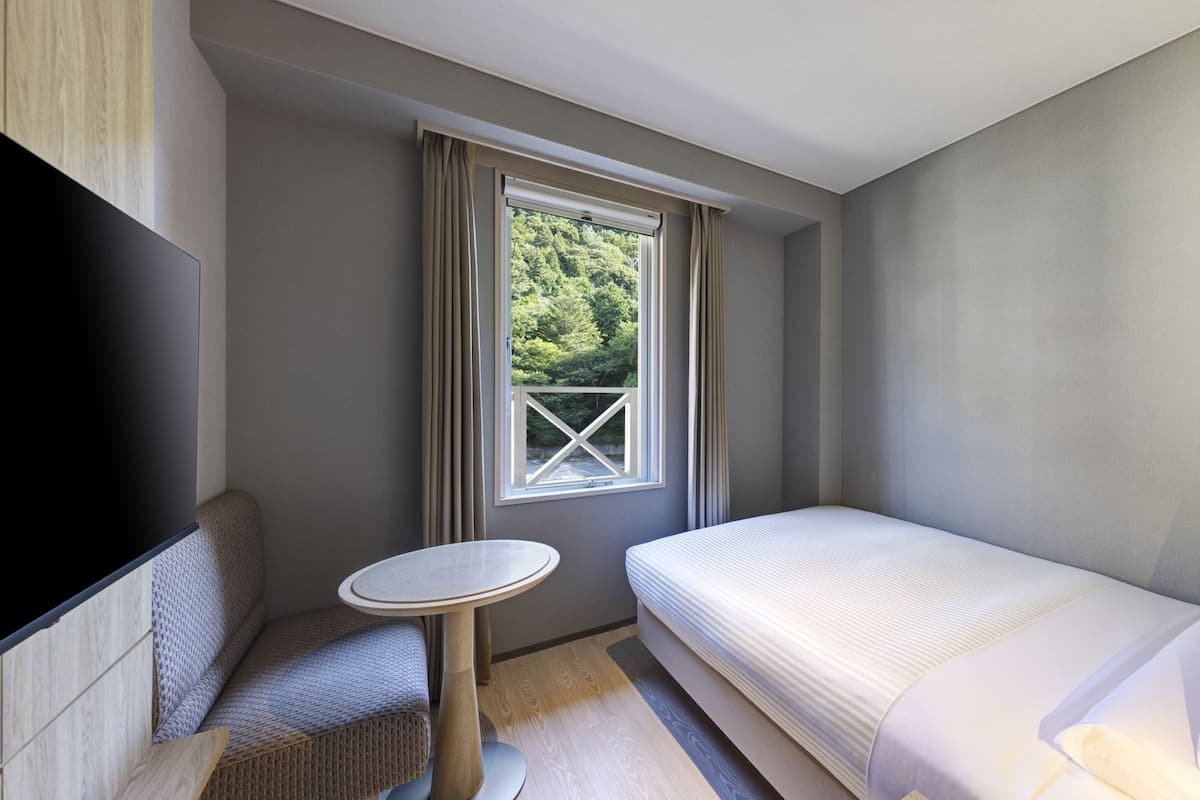 Habitació d'hotel amb un llit, una televisió, una taula petita i una finestra amb vista a arbres.
