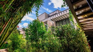 A modern building with a glass facade and a surrounding garden with various plants. - Jardim da Batalha by Shiadu (Porto)
