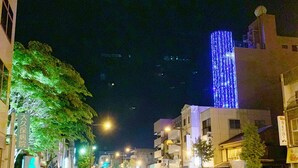A nighttime street scene with buildings, trees, and a brightly lit building with vertical lights. - Petit Hotel 017 (Tokushima)