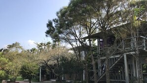 Un edificio con una escalera de madera y un espacio techado.