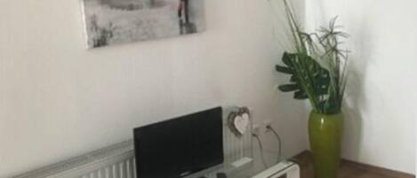 Una sala de estar con un mueble de televisión de vidrio, un cuadro de una persona con un paraguas, una planta verde y un radiador.