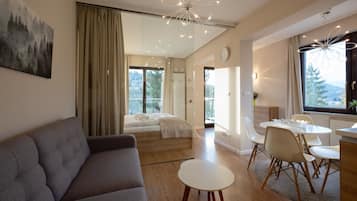 Laptop workspace, iron/ironing board, bed sheets