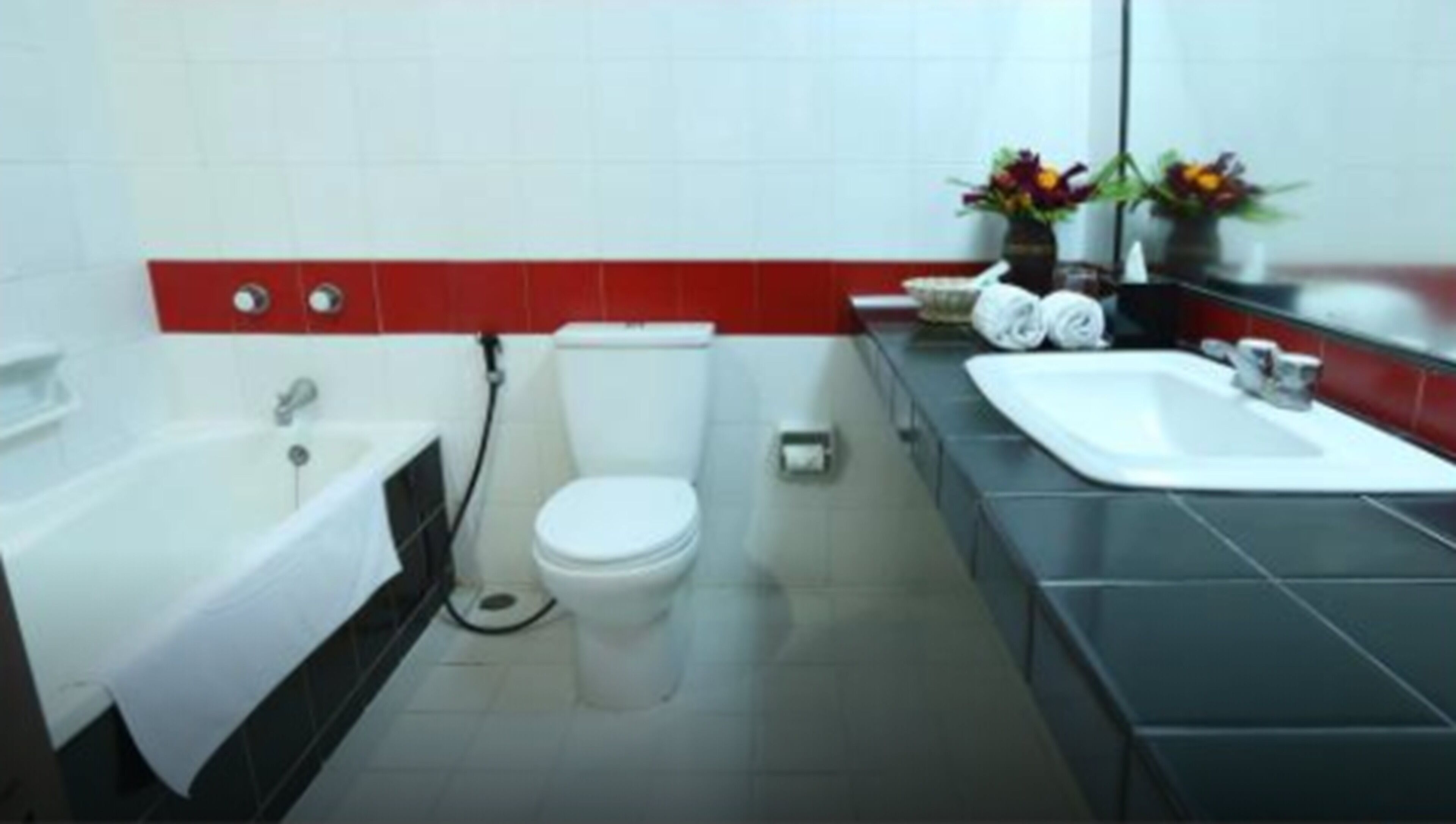 A modern bathroom with a white toilet, a bathtub, and a sink with a mirror above it.