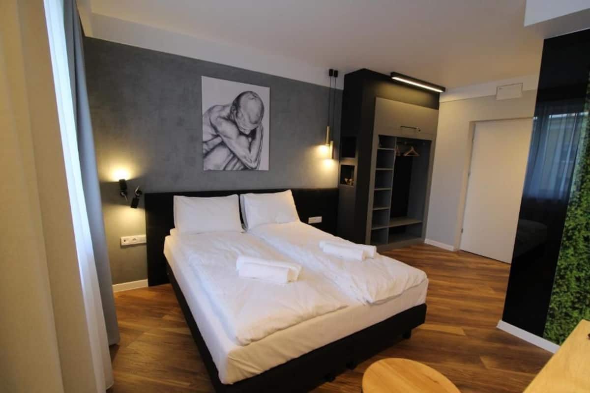 A modern bedroom with a large bed, a wall-mounted artwork, and a built-in wardrobe.