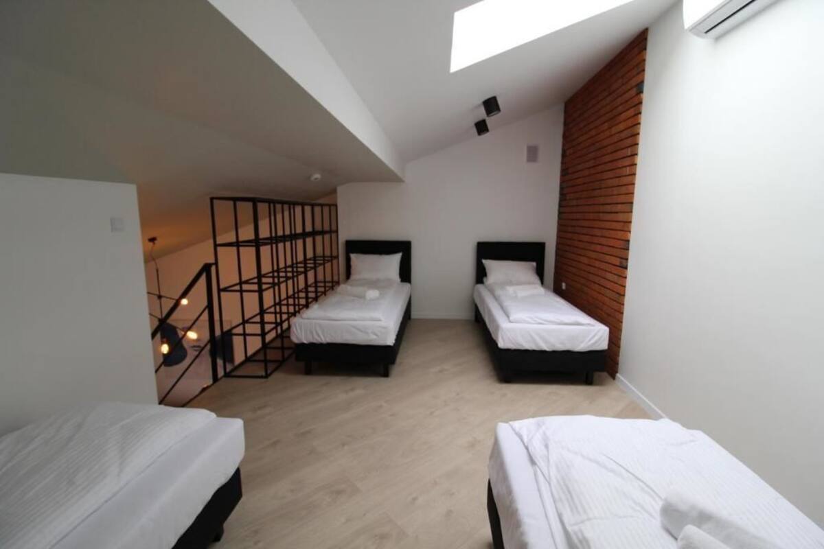 A modern bedroom with two beds, a skylight, and a wooden accent wall.