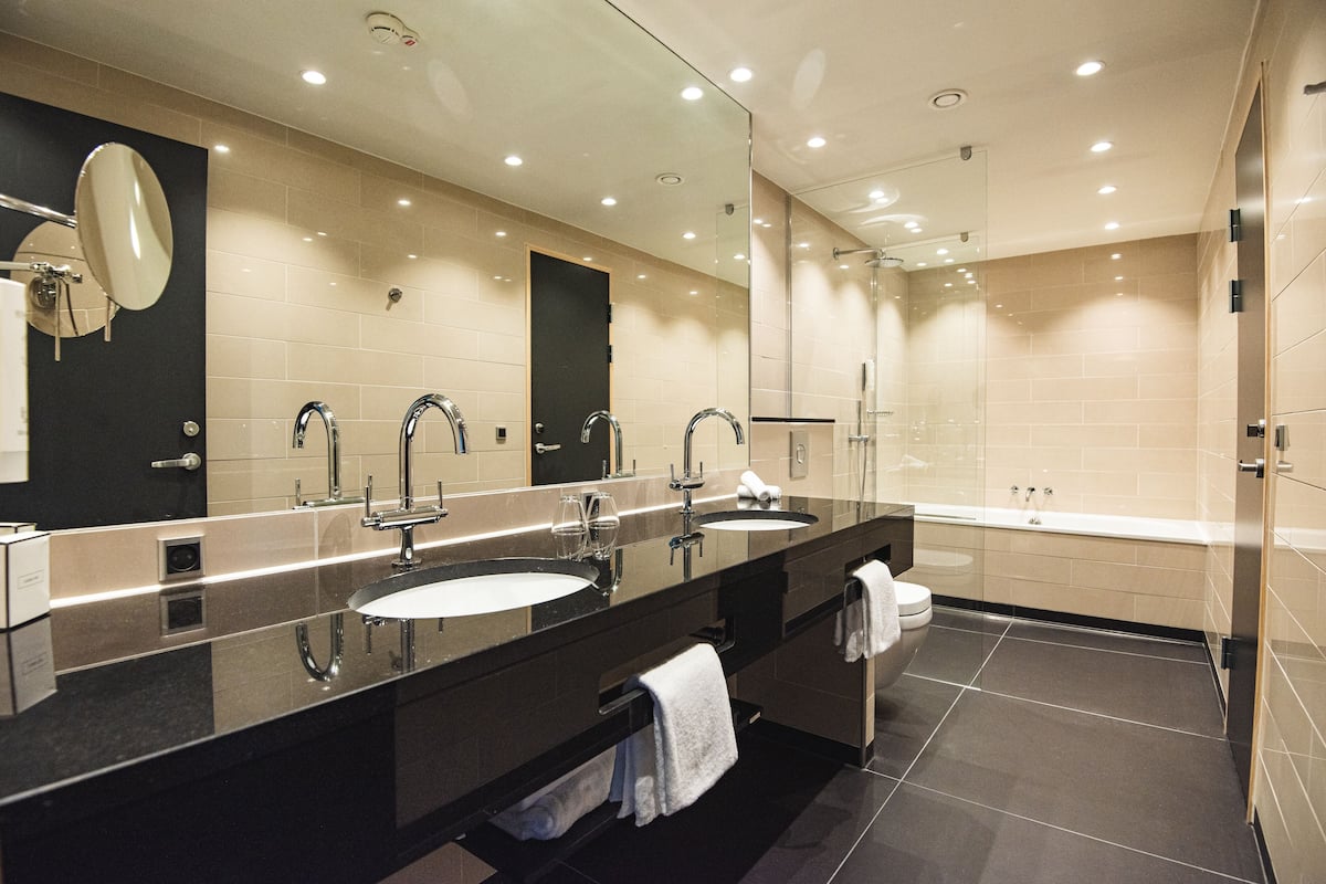 suite | bathroom | shower, rainfall showerhead, eco-friendly toiletries, hair dryer