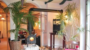 A cozy room with a wood-burning stove, a large potted plant, and a dining table with a pink tablecloth. - Obere Mühle (Bad Elster)