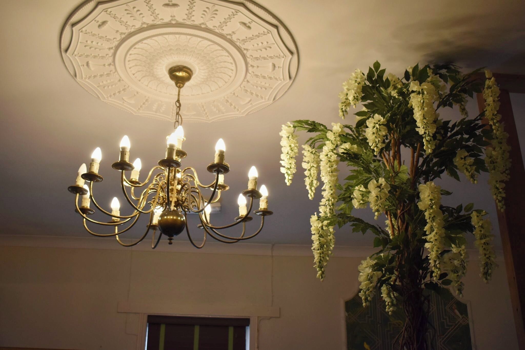 A chandelier with multiple candle-like lights, a decorative ceiling medallion, and a large artificial white flowering plant.
