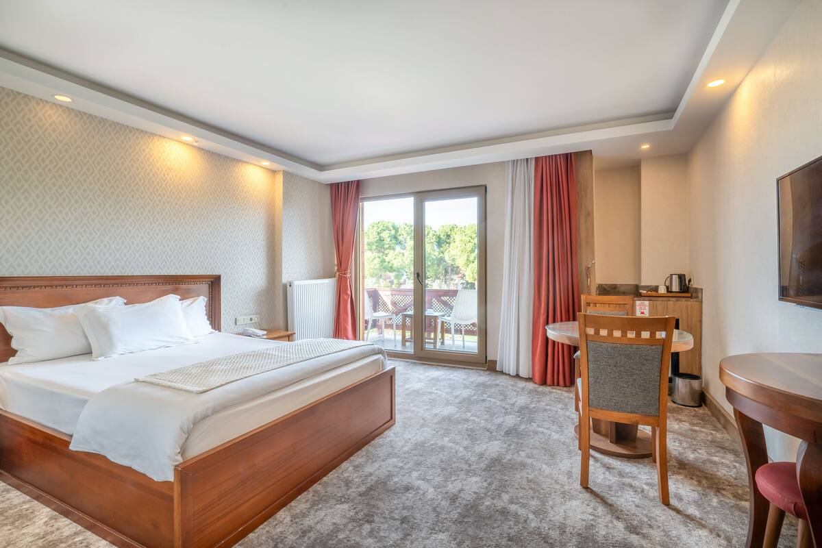 A hotel room with a large bed, a desk, a chair, and a view of the outdoors.