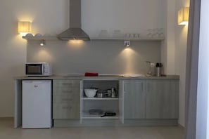 Departamento, 1 habitación, Terraza | Cocina privada | Refrigerador con congelador, microondas y parrilla de estufa